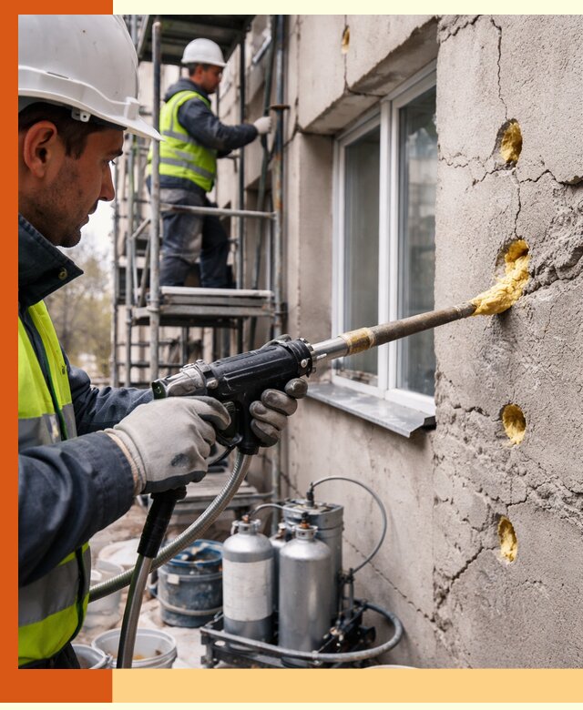 Заполнение пустот в фасаде и утепление стен в Тихорецке